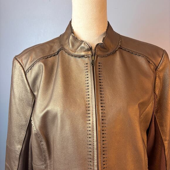 Nygard Collection Leather Jacket Bronze Laser Cut Zip Up Womens Large Petite - Picture 3 of 9